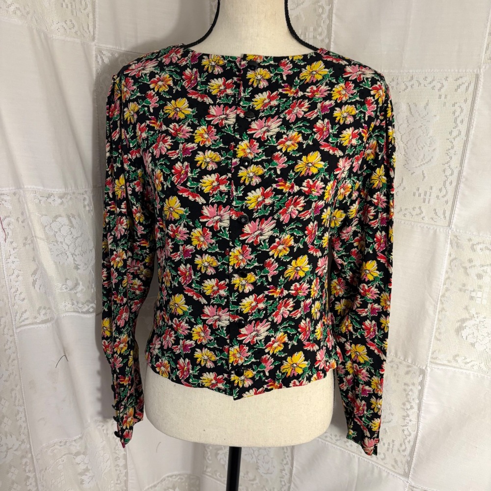 VTG 90's Black Floral Art Teacher Chic Long Sleeve Button Down Blouse Size M
